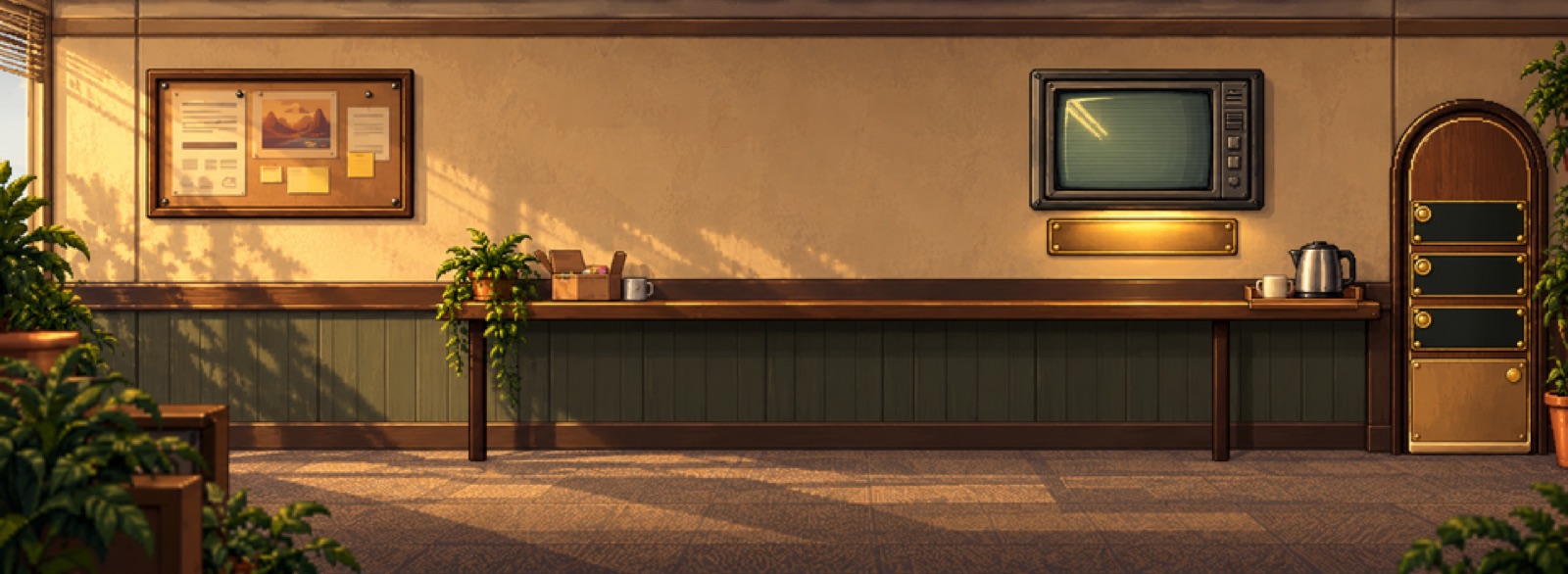 The warm painted break room, with a kettle and office furniture.