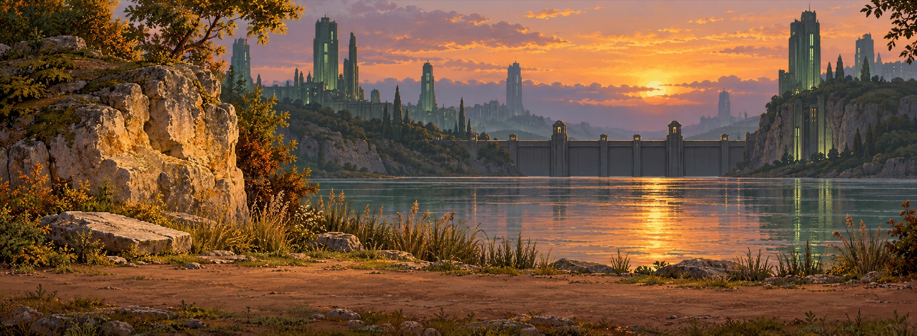 A river at sunset with a sealed bridge and distant green towers.