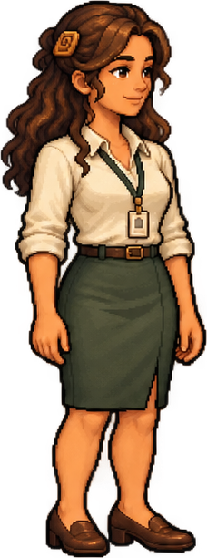 Ruth, the Records coordinator, in a cream blouse and green skirt.