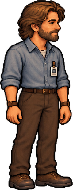 Todd, a bearded colleague in a blue shirt.