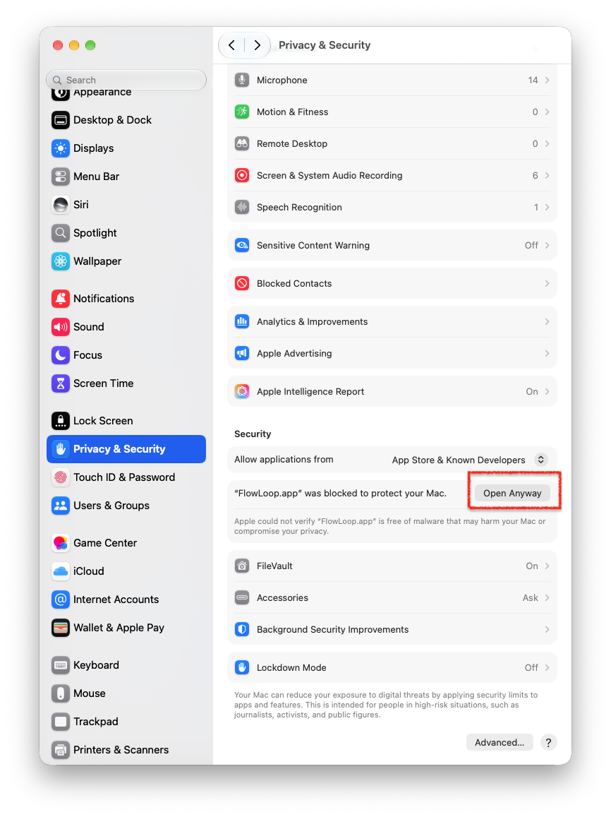 macOS Privacy and Security settings showing FlowLoop.app blocked, with the Open Anyway button outlined in red.